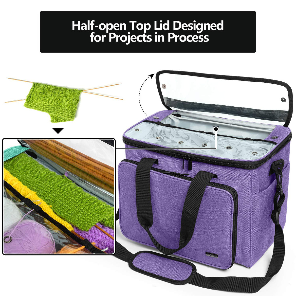 Teamoy Knitting Bag, Yarn Storage Organizer Crochet Bag Tote, Purple