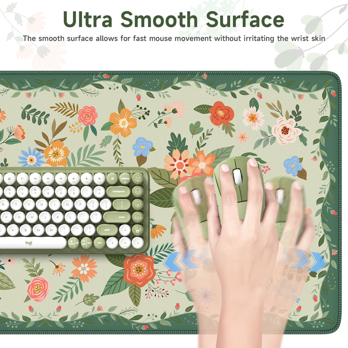 HAOCOO Green Floral Keyboard Pad, 35.4" x 15.7" Computer Pad for Dorm Room