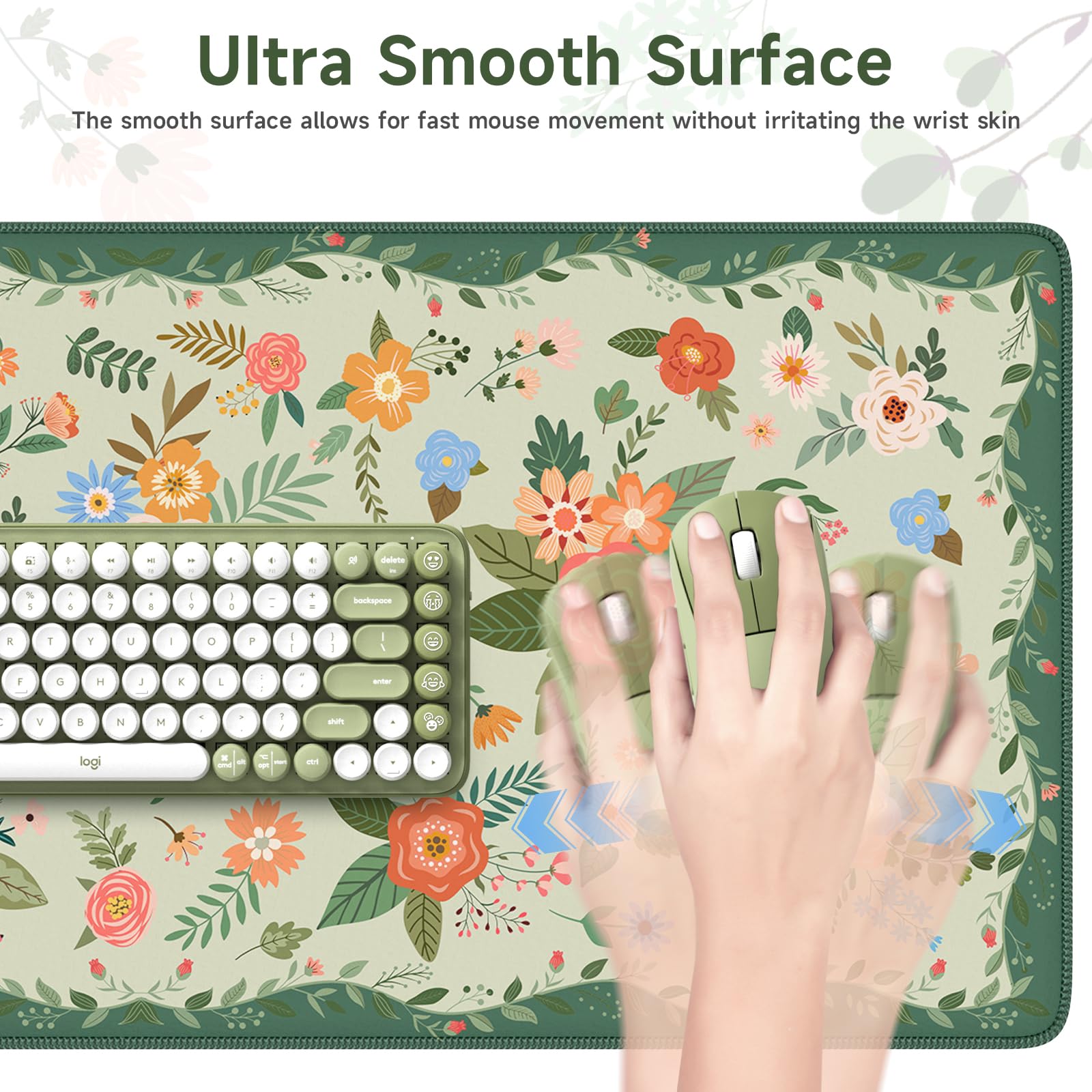 HAOCOO Green Floral Keyboard Pad, 35.4" x 15.7" Computer Pad for Dorm Room