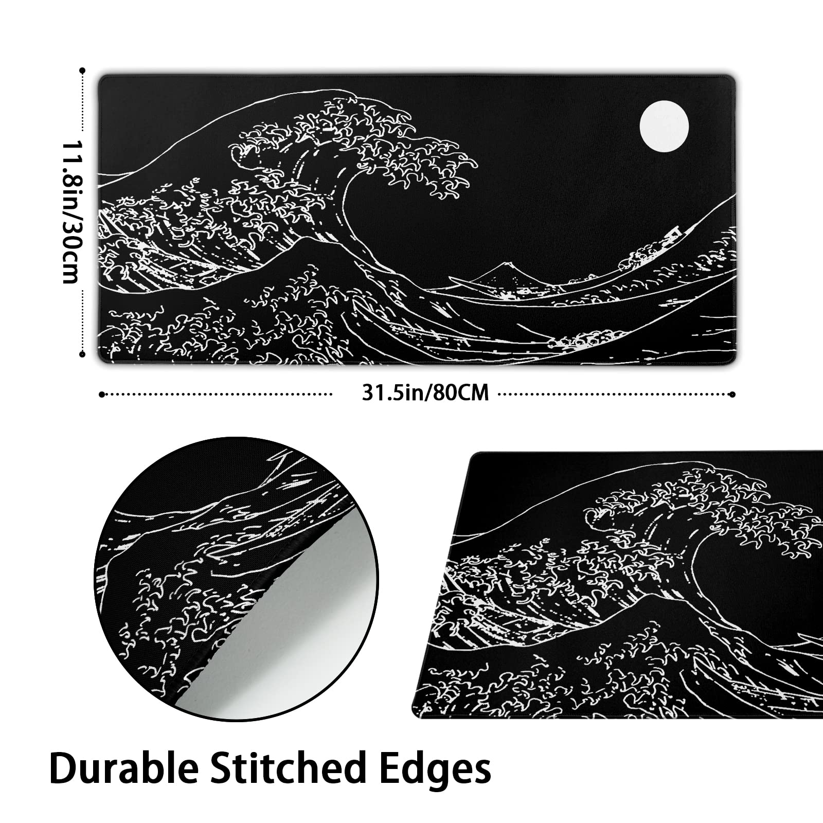 Black and White Japanese Sea Wave Mouse Pad,Extended Large Gaming Mouse Pads 31.5x11.8 in,Japanese