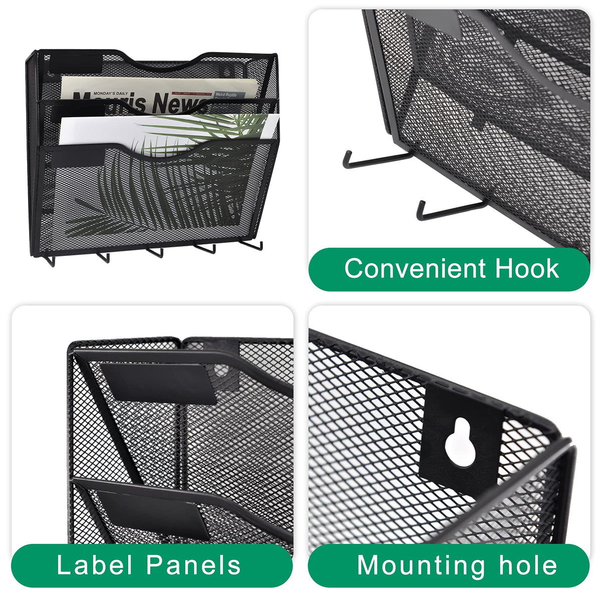 EASEPRES 3 Pocket Mesh Hanging File Organizer with Key Holder Hooks & Nametag Label, Wall Mounted