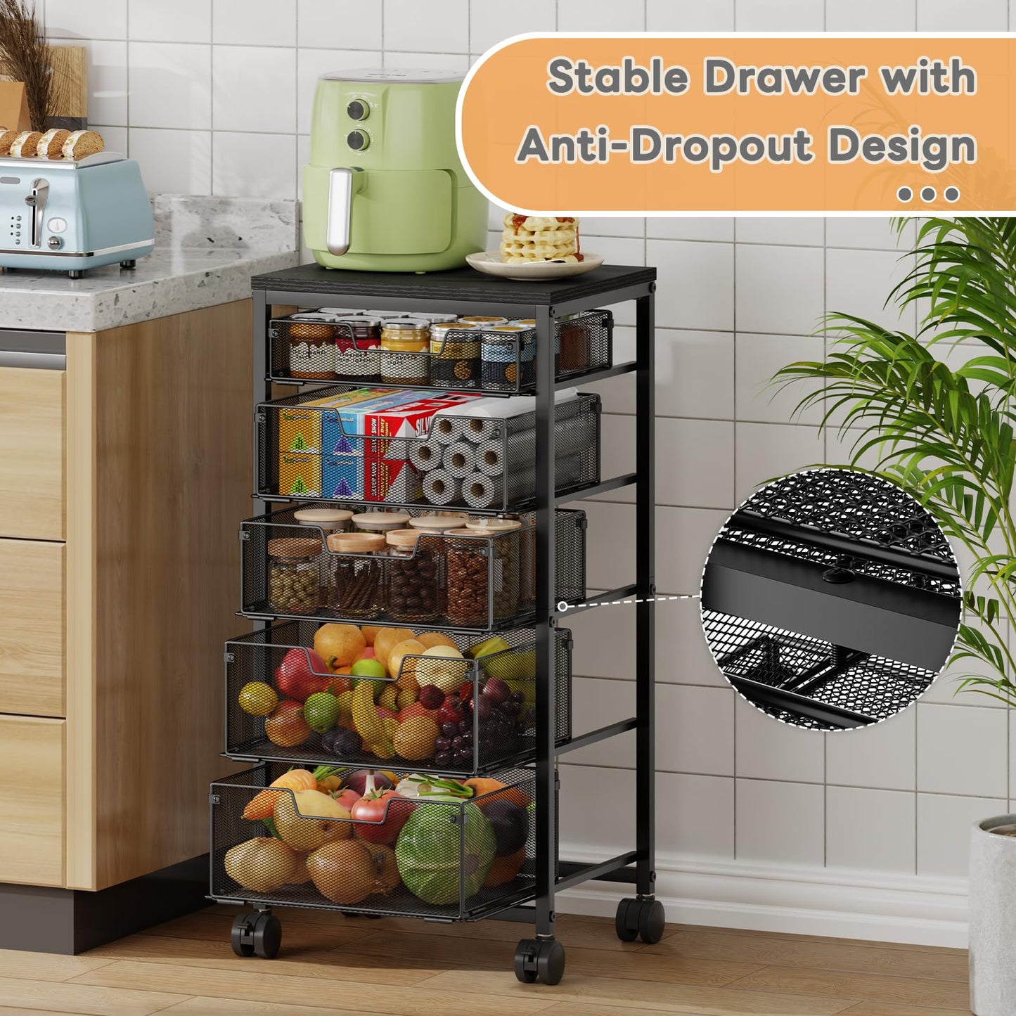 Kitchen Storage Cart with Drawer, 5-Tier Fruit Vegetable Storage Cart, Kitchen Organizer and