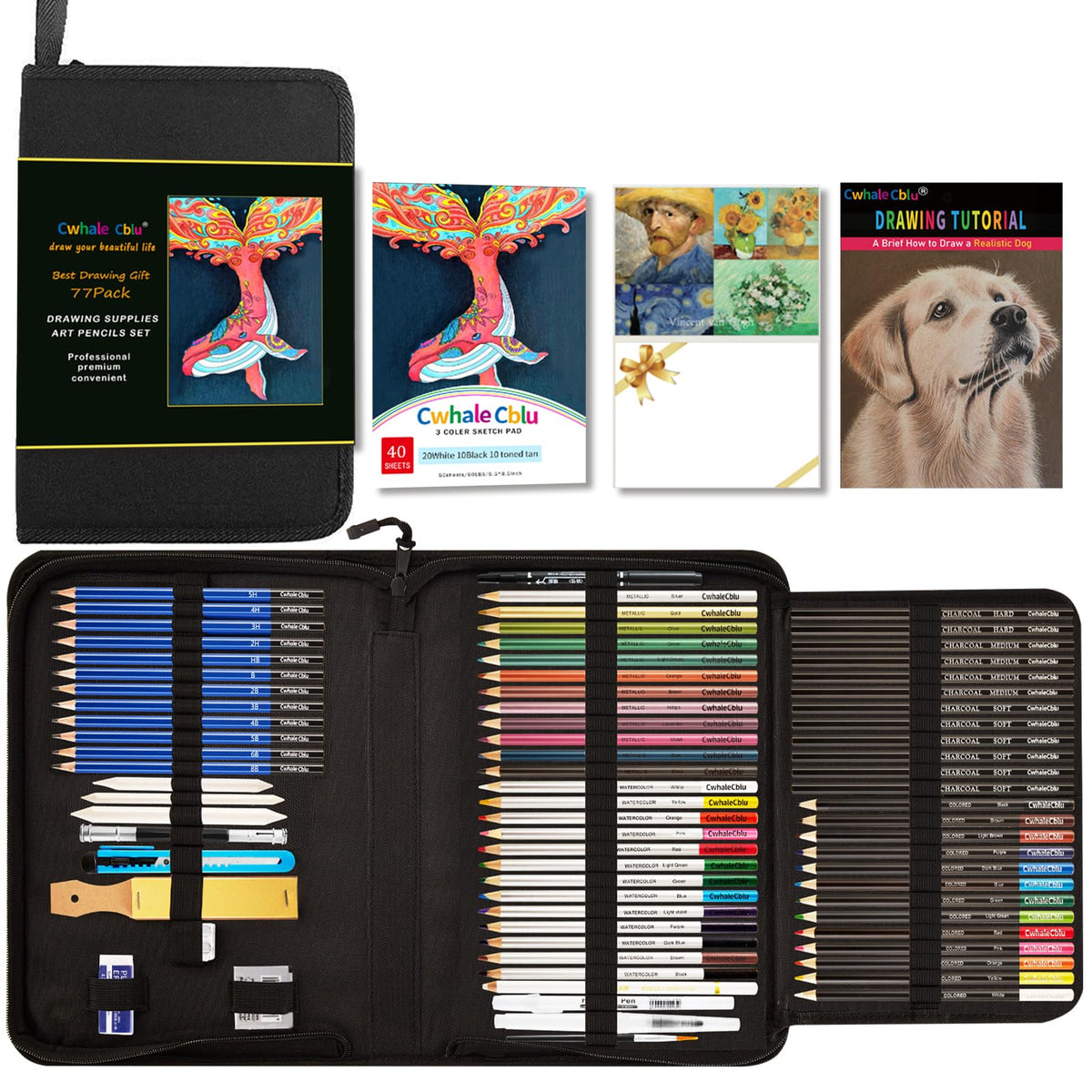 CwhaleCblu 77 Pack Drawing Set Art Supplies,Drawing Supplies with 3-Color Sketch Book, Colored