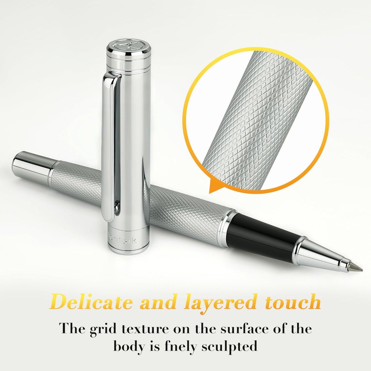 MCNTEIK Silver Rollerball Pen, Stunning Luxury Pen with Mesh Texture Design, Bright Silver Chrome