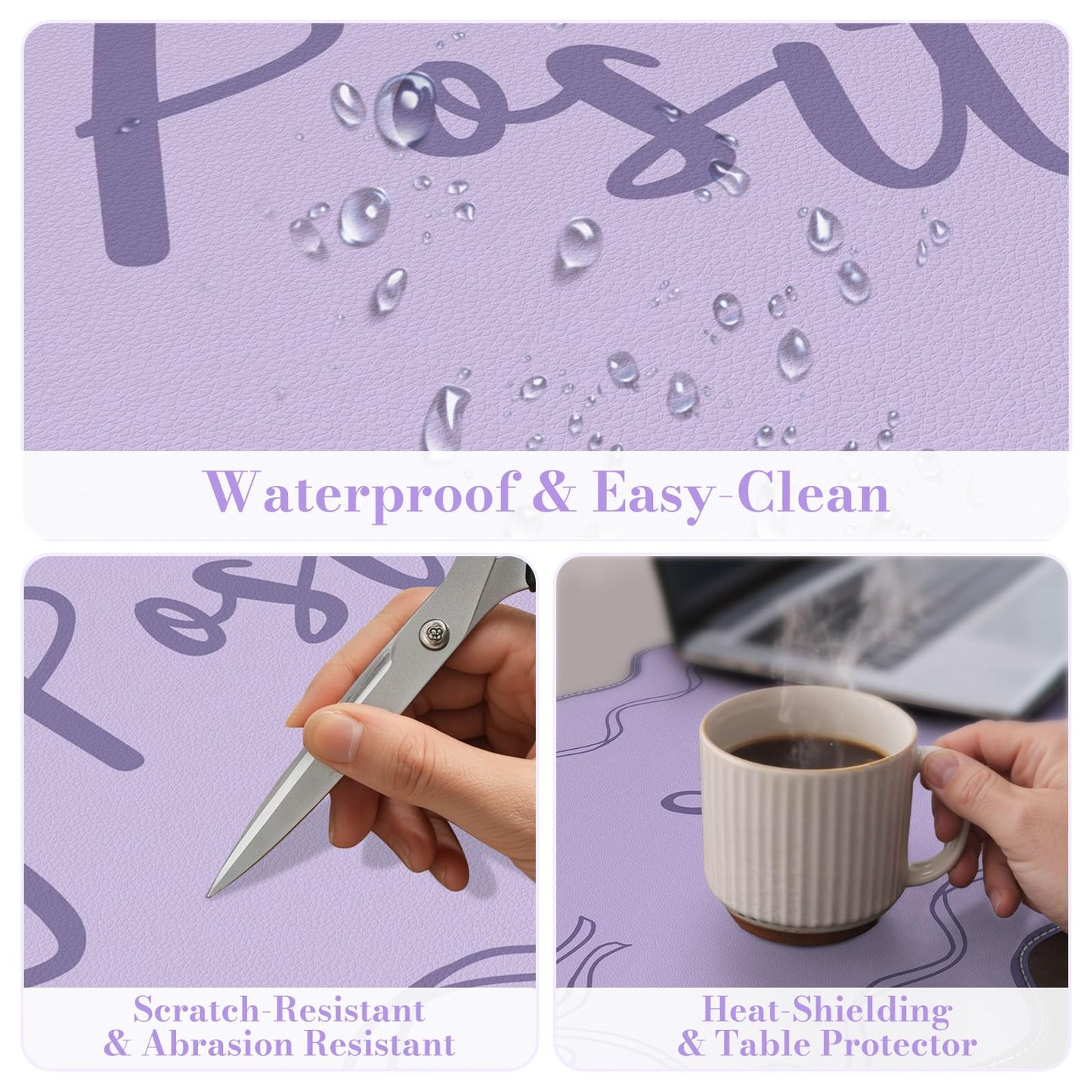iCasso Purple Office Decor for Women, Scalloped Desk Cover Mat, Large Mouse Pad, Leather Waterproof