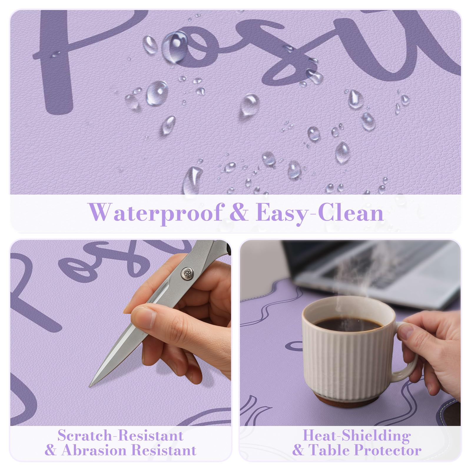 iCasso Purple Office Decor for Women, Scalloped Desk Cover Mat, Large Mouse Pad, Leather Waterproof