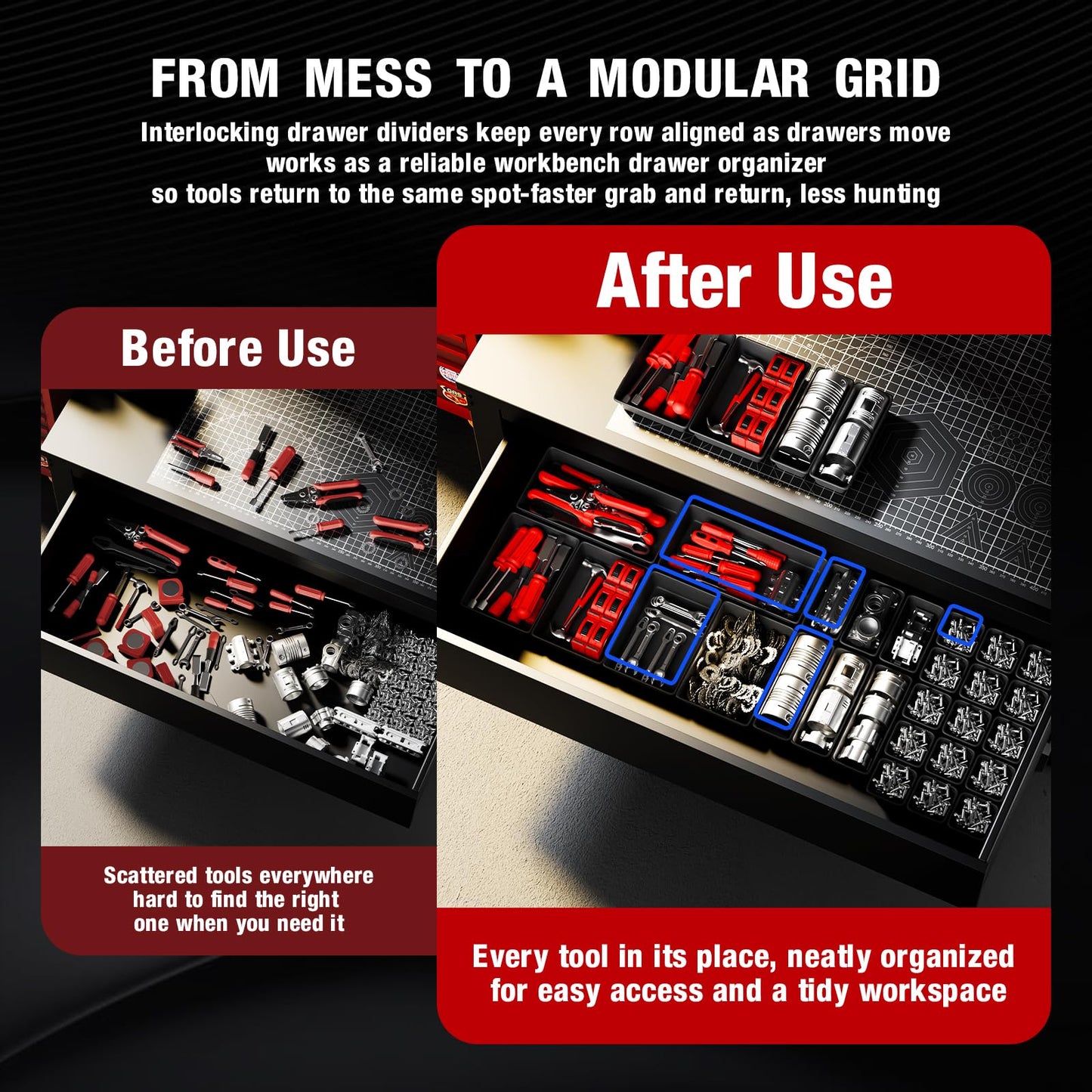 inihpocv 【48PCS & 5 Sizes】 Tool Box Organizer Tray, Toolbox Drawer Organizer with Non-Slip Pads