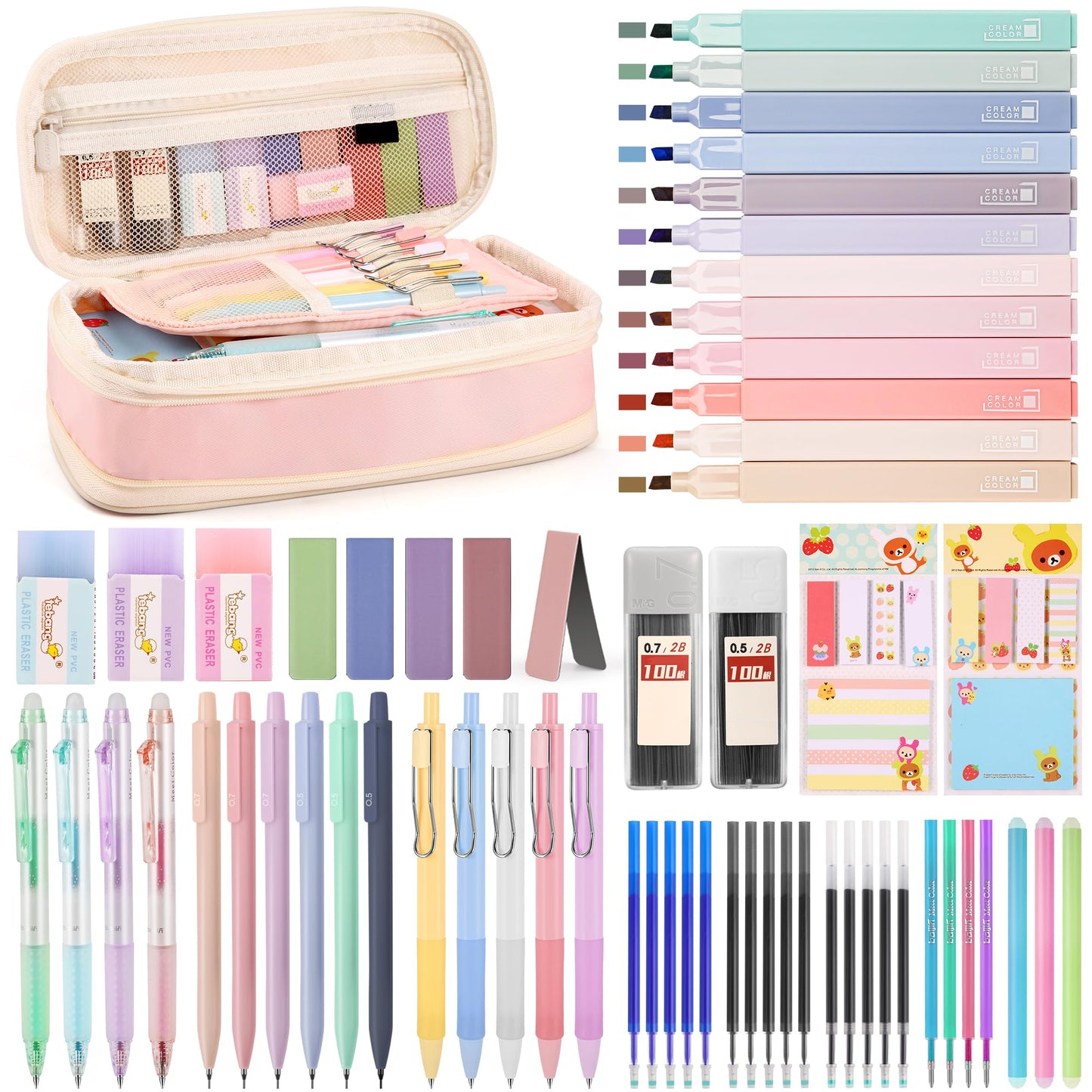 DazSpirit 62PCS Aesthetic Stationery Set with Foldable Pencil Case, Pink