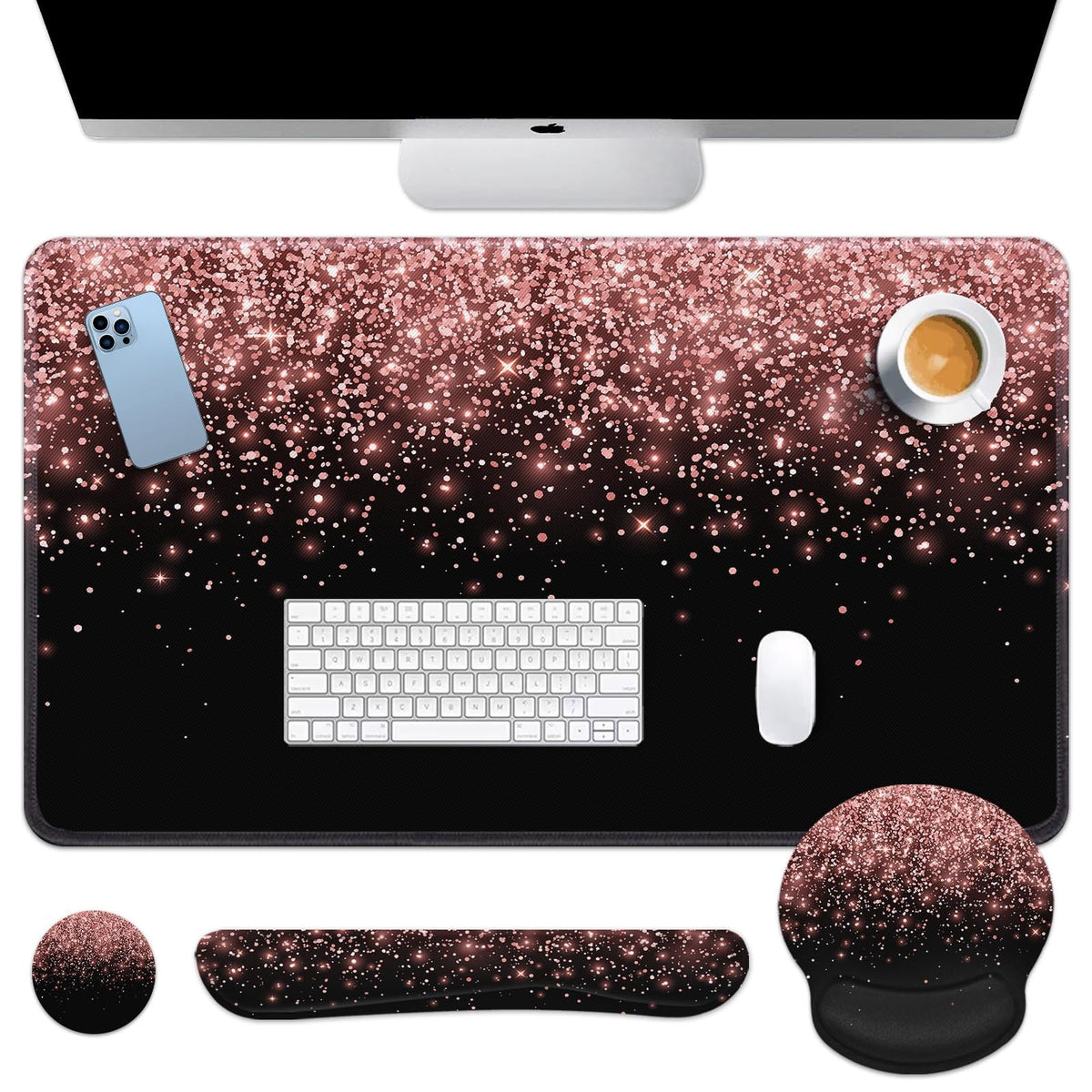 Britimes Keyboard Mouse Pad Set, 4 in 1 Desk Mat Set, Pink Rose Gold