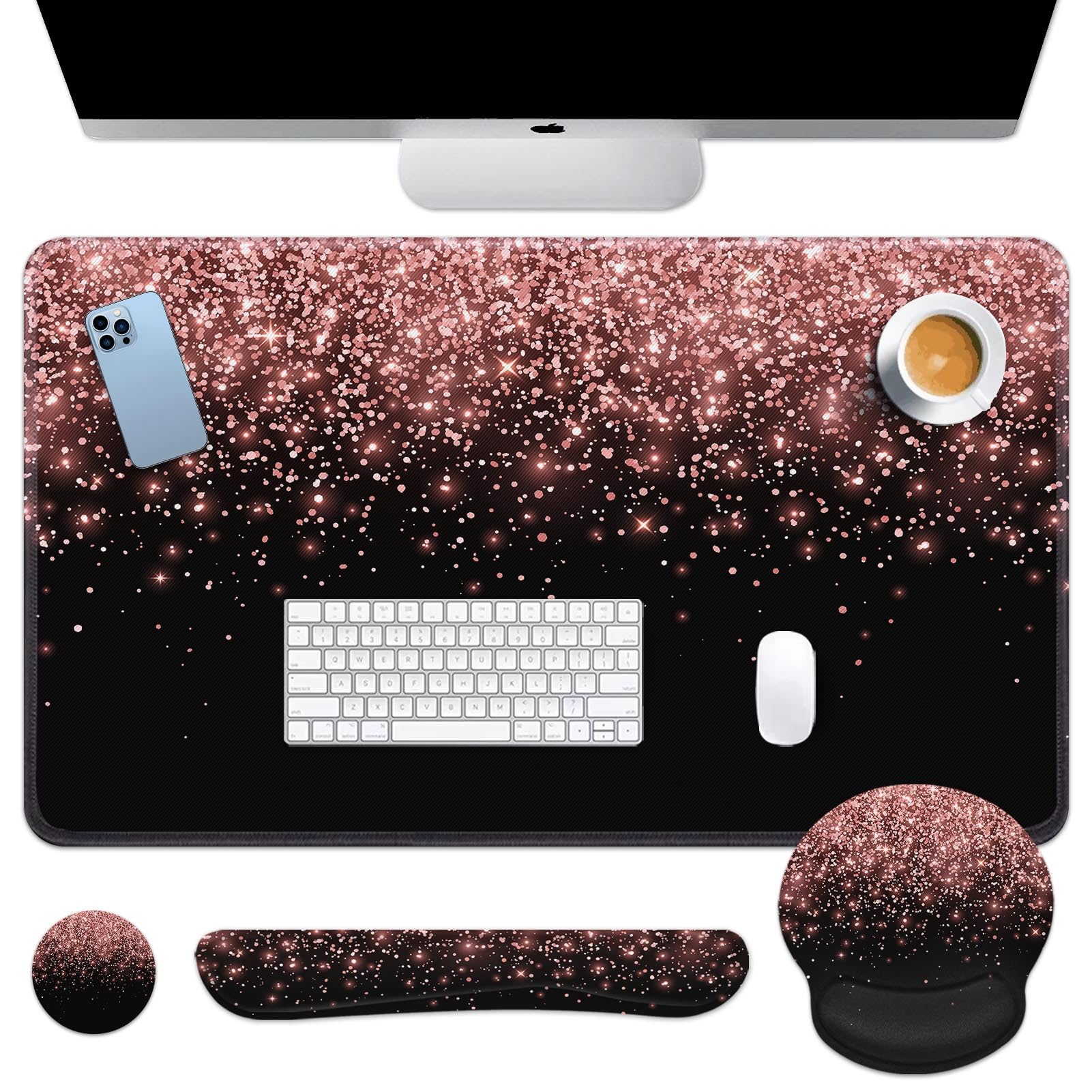 Britimes Keyboard Mouse Pad Set, 4 in 1 Desk Mat Set, Pink Rose Gold