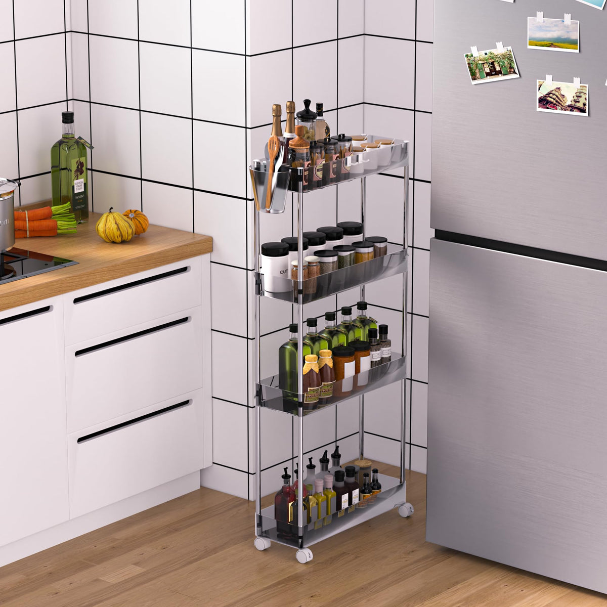 VECELO Acrylic 4-Tier Rolling Cart, Slim Utility Cart for Storage, Mobile Storage Cart with