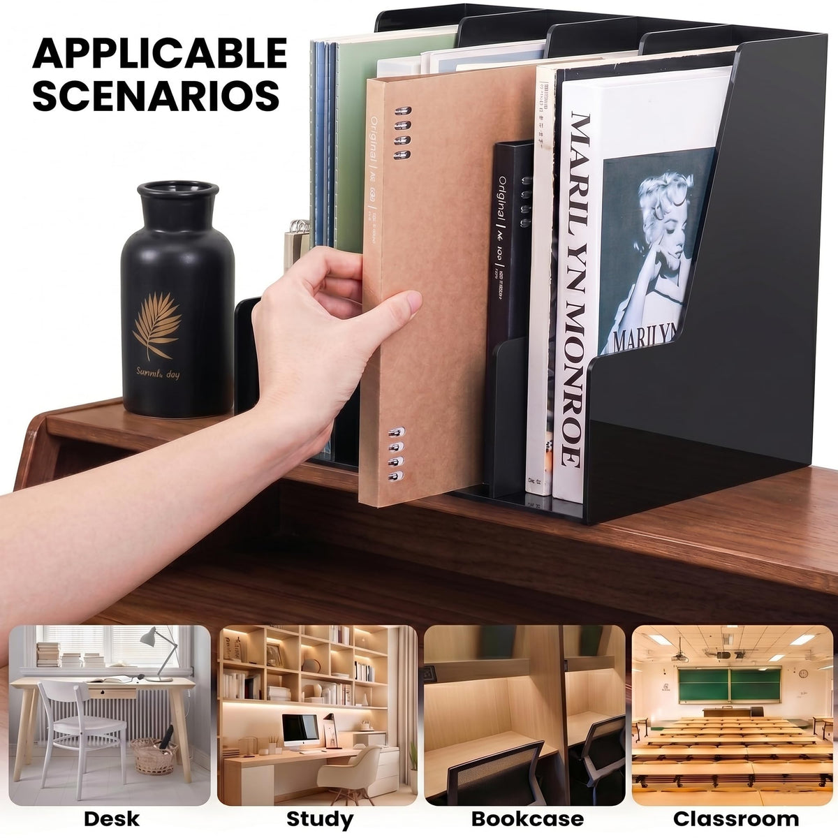 Vertical Magazine File Holder, Black File Organizer Desk Organizer and Storage Bins Holding for
