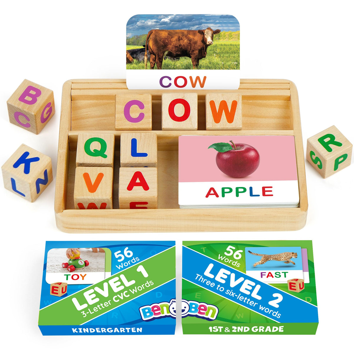 BenBen Spelling Games with Flash Cards, 112 Words, Montessori Toys for 3 4 5 6 Years Old Kids