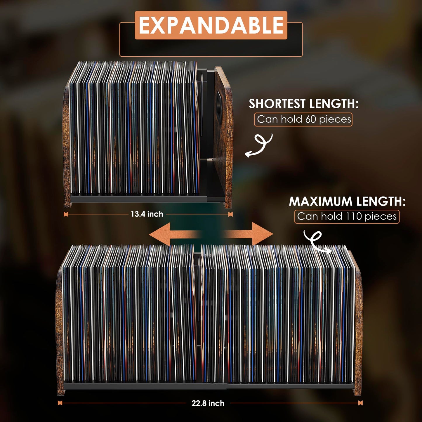 RUILALIFE Vinyl Record Storage Holder, Expandable Record Holder Rack With Movable Divider, 110 LP