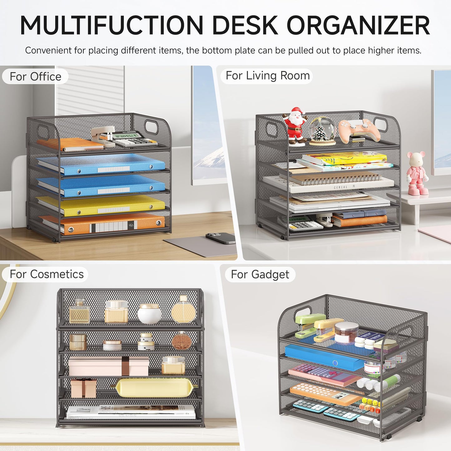 Lavatino 5 Tray Desk File Organizer, Mesh Paper Sorter Letter Tray Organizer with Handle, Desktop