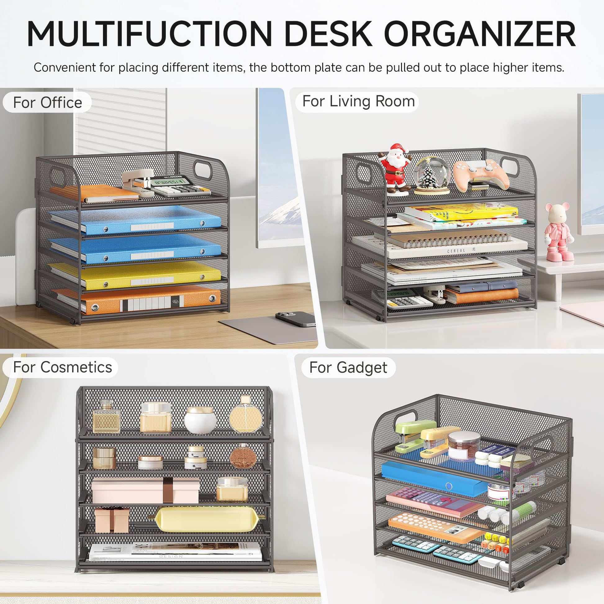 Lavatino 5 Tray Desk File Organizer, Mesh Paper Sorter Letter Tray Organizer with Handle, Desktop