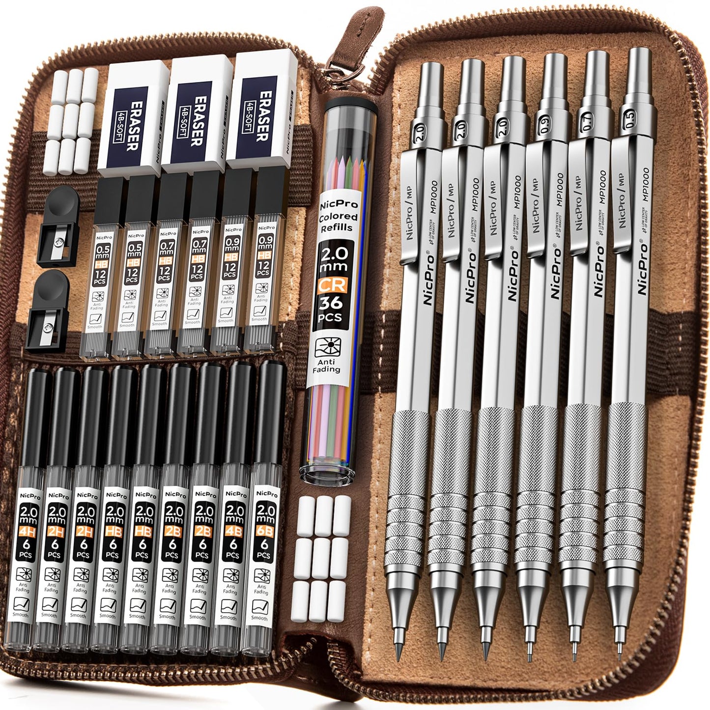 Nicpro 30PCS Silver Metal Mechanical Pencils Set in Leather Case
