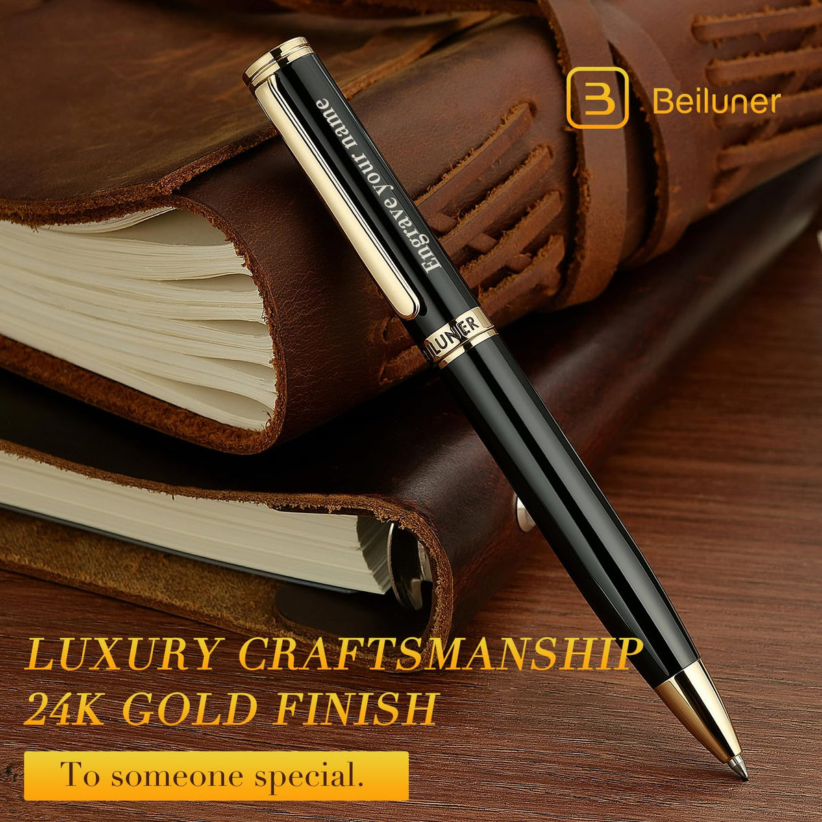 BEILUNER Luxury Personalized Gel Pen with 24K Gold Finish, Black Piano Lacquer, Luxury Grade
