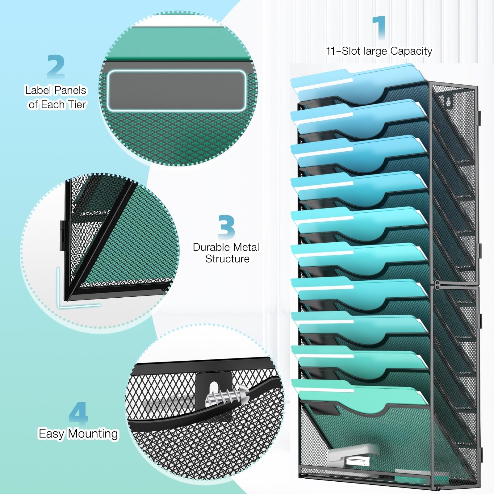 Gawerk 11-Tier Wall File Organizer Hanging Wall File Holder Wall Mount Paper Folder Organize, Mesh