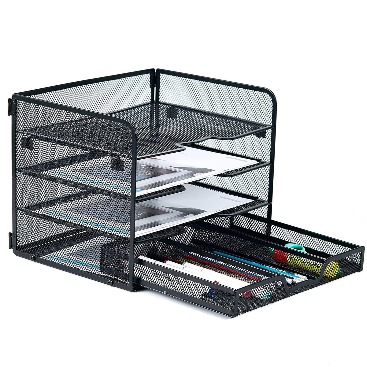 SETTFRFE 4-Tier Metal Desk Organizer-Paper Letter Tray with Drawer,Black
