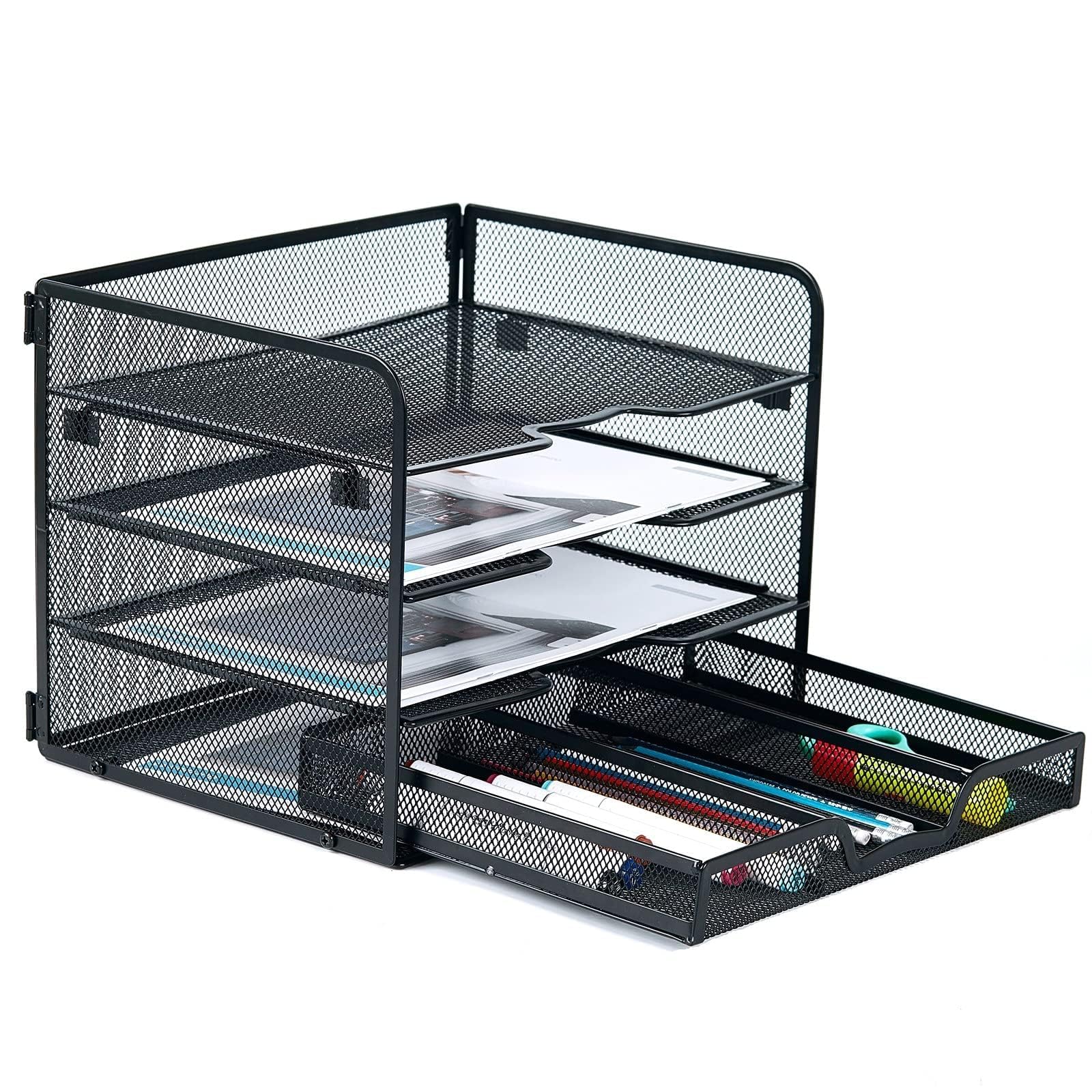 SETTFRFE 4-Tier Metal Desk Organizer-Paper Letter Tray with Drawer,Black