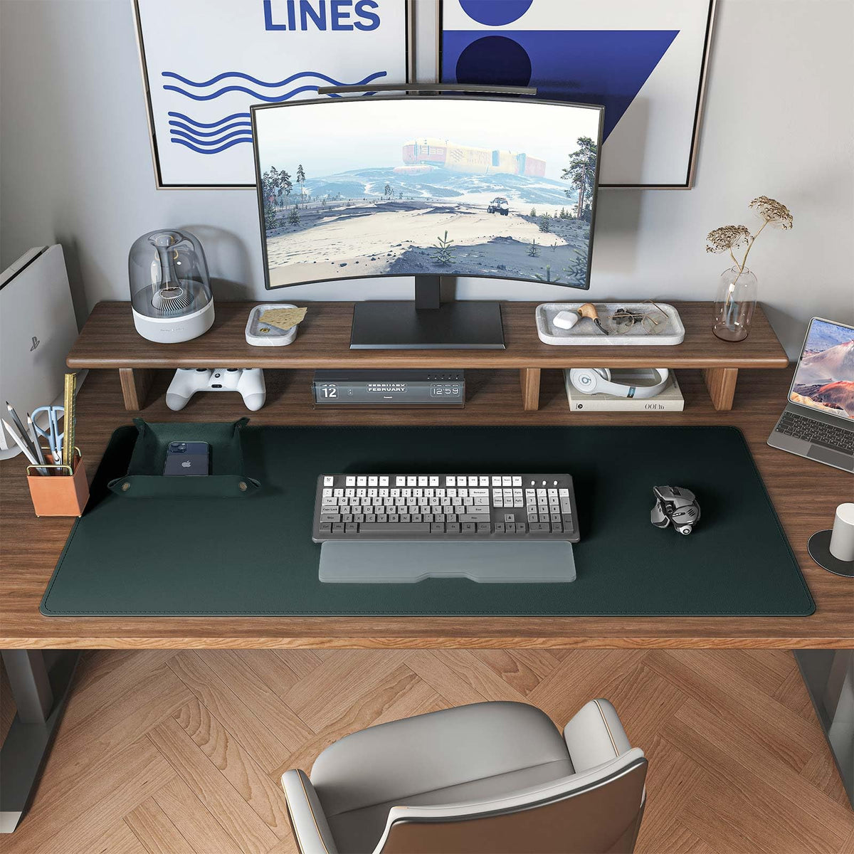 DAWNTREES Dark Green Desk Mat,Leather Desk Pad,35.5"x17",Cork Desk Mat Protector,with PU Leather