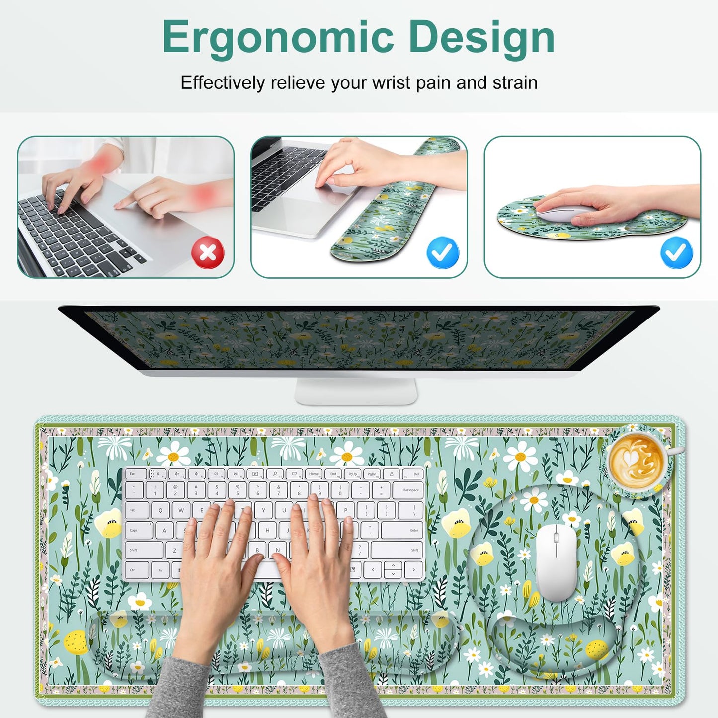 Floral Desk Mat, 4in1 Large Mouse Pad with Wrist Rest, Desk Matt for Desktop, Desk Pad Mat