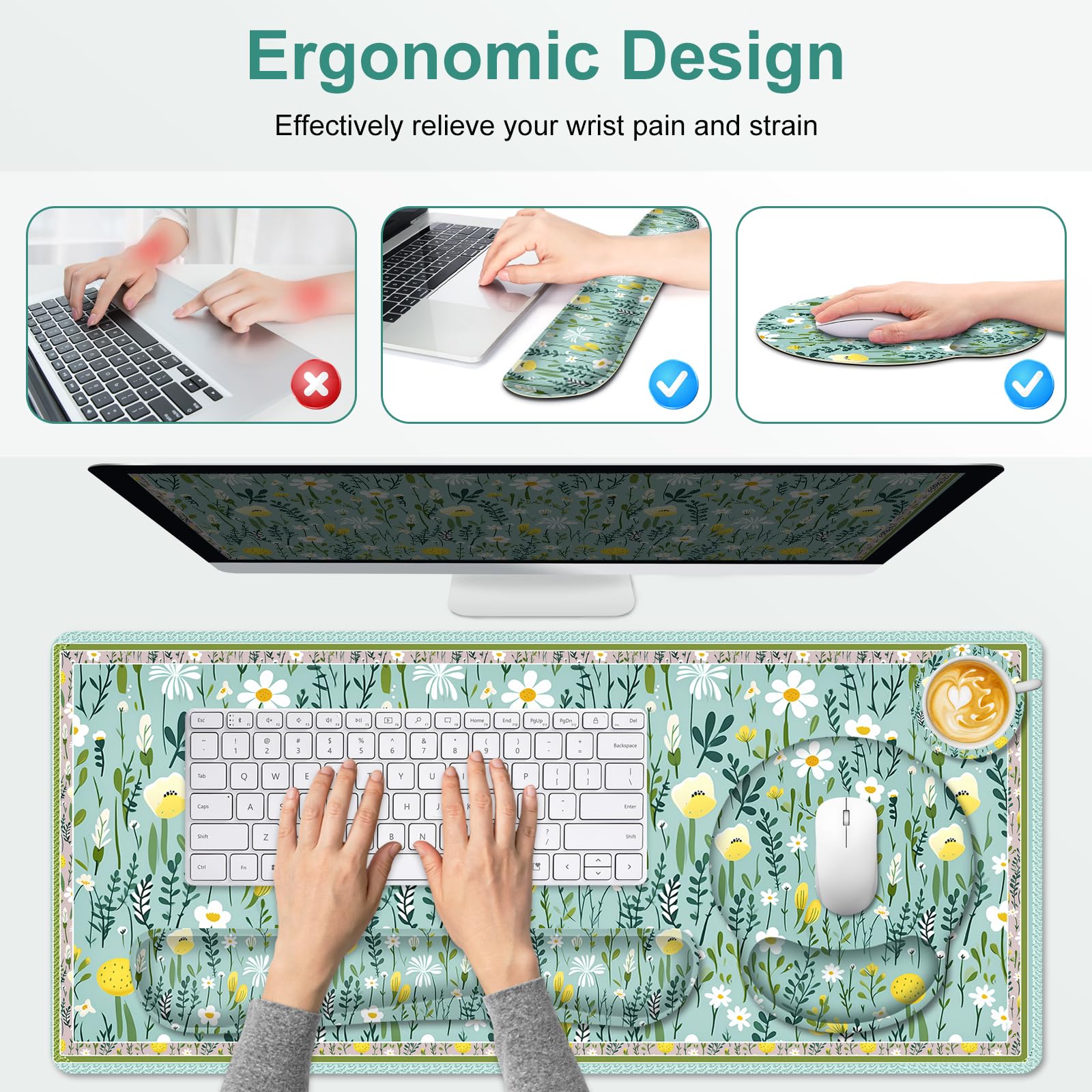 Floral Desk Mat, 4in1 Large Mouse Pad with Wrist Rest, Desk Matt for Desktop, Desk Pad Mat