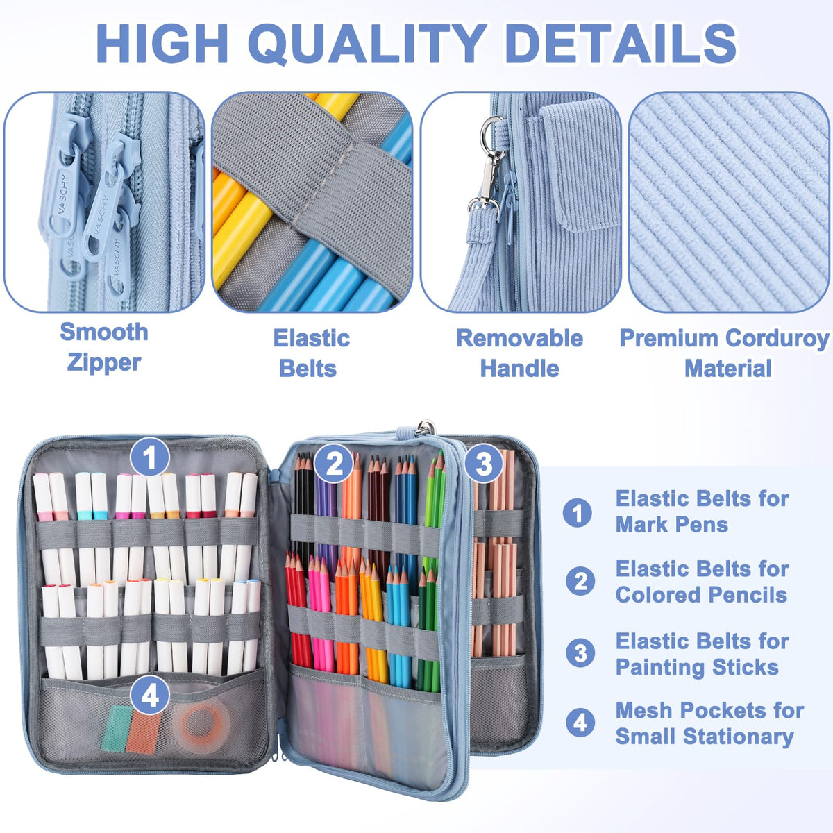 VASCHY Colored Pencil Case, Corduroy Large Pencil Pouch for Art Pens Markers Gel Pens Big Holder