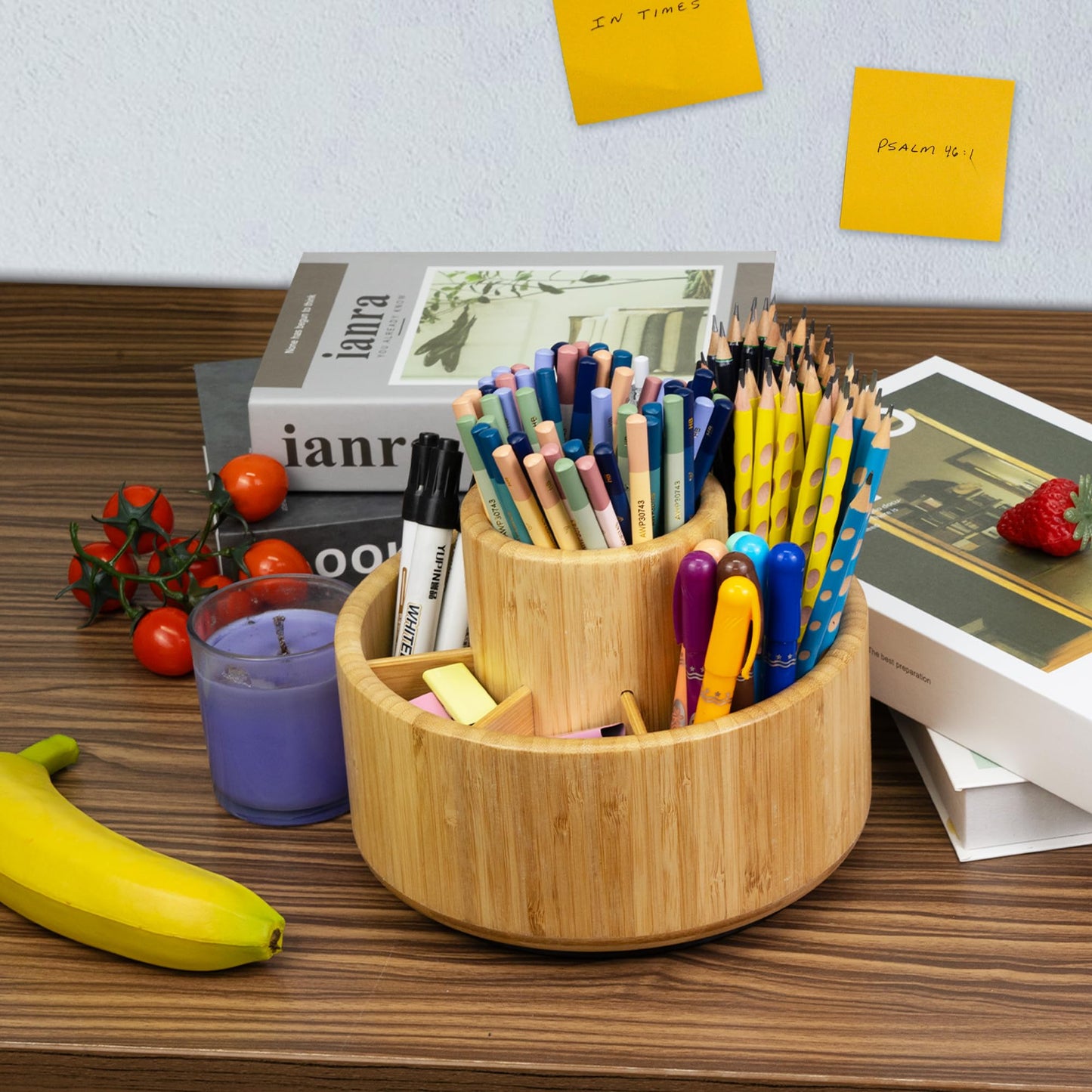 Utoplike Bamboo Rotating Art Supply Desk Organizer, Pencil Holder Desktop