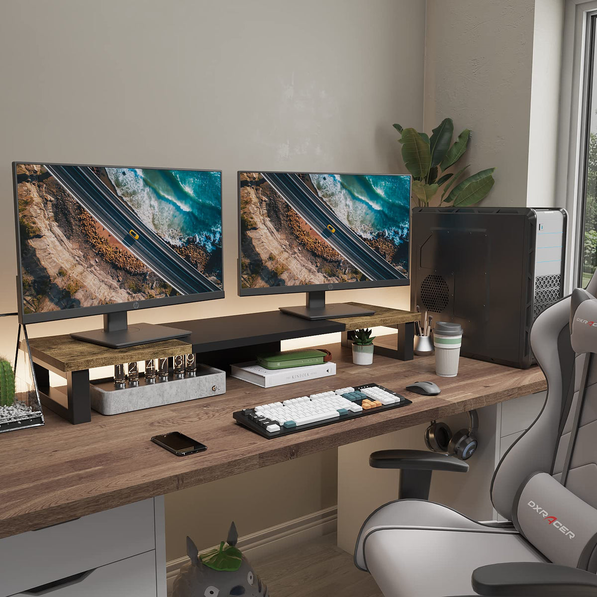 WESTREE Dual Monitor Stand Riser, Wood and Steel Multi-Purpose Desktop Storage Stand for 2 Monitors