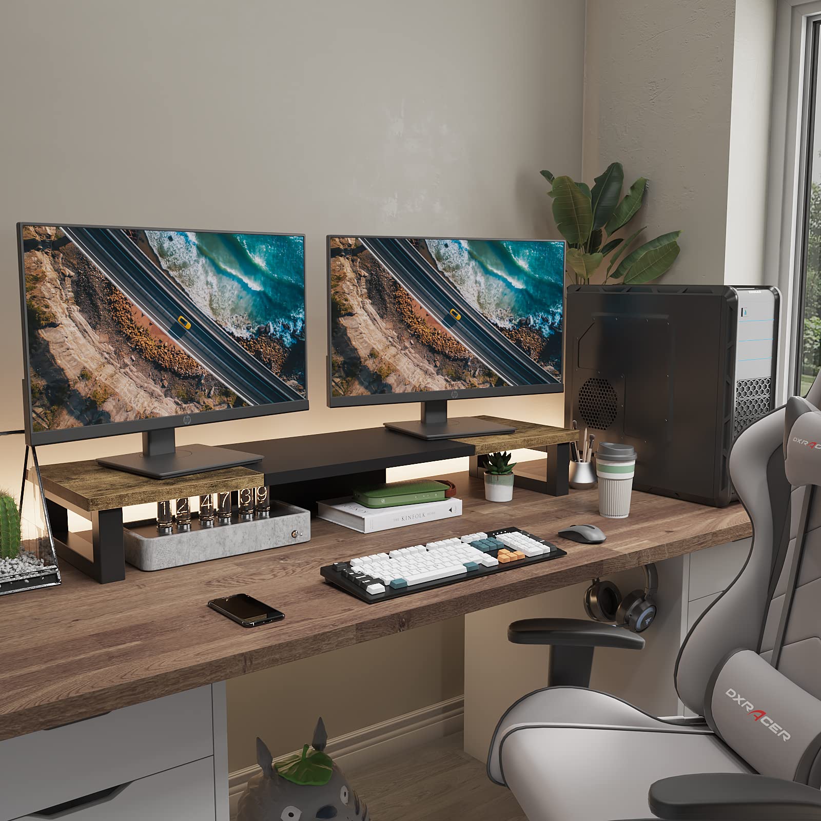 WESTREE Dual Monitor Stand Riser, Wood and Steel Multi-Purpose Desktop Storage Stand for 2 Monitors