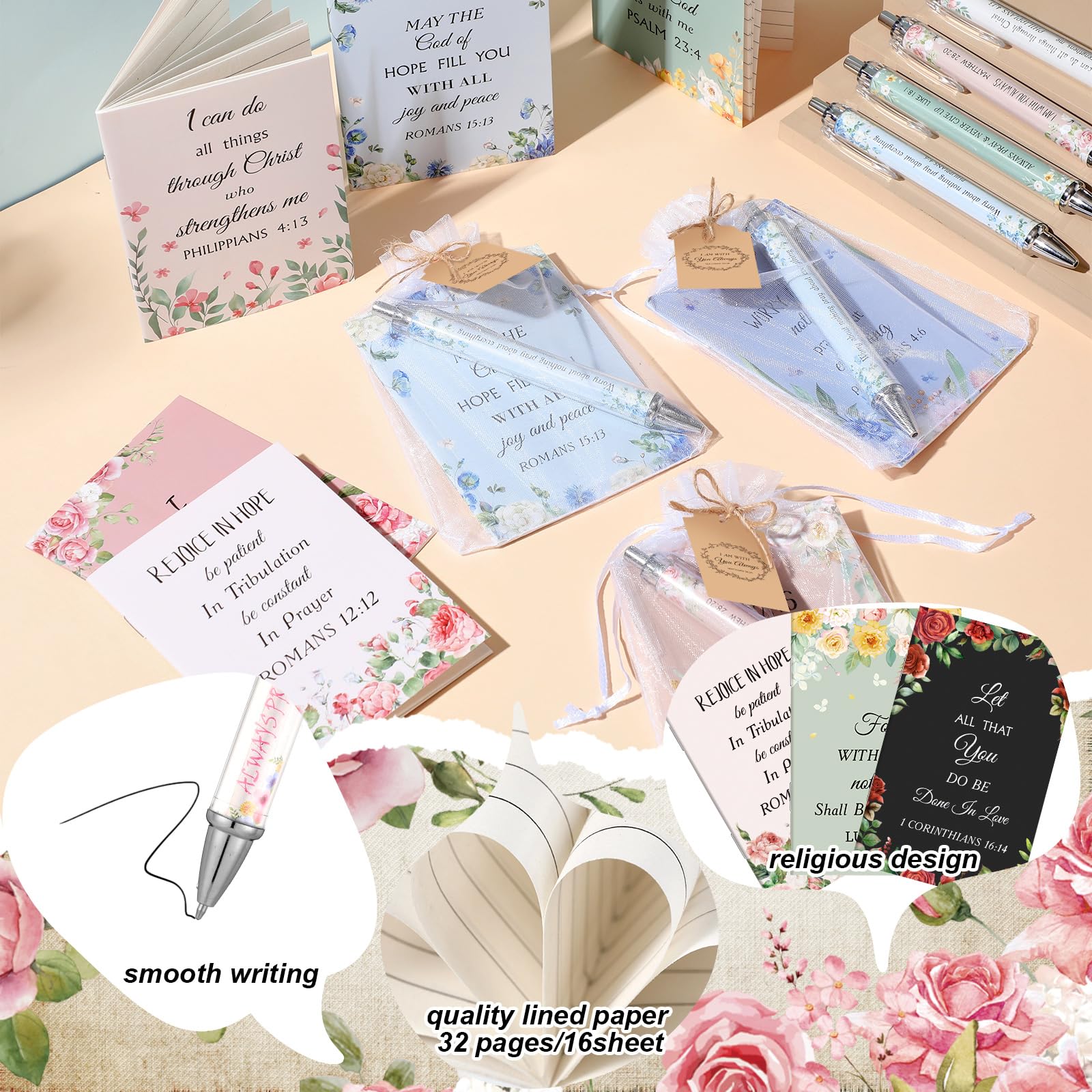 Qeeenar 200 Pcs Christian Gift Bulk Set Bible Verse, Cute Color, Flower