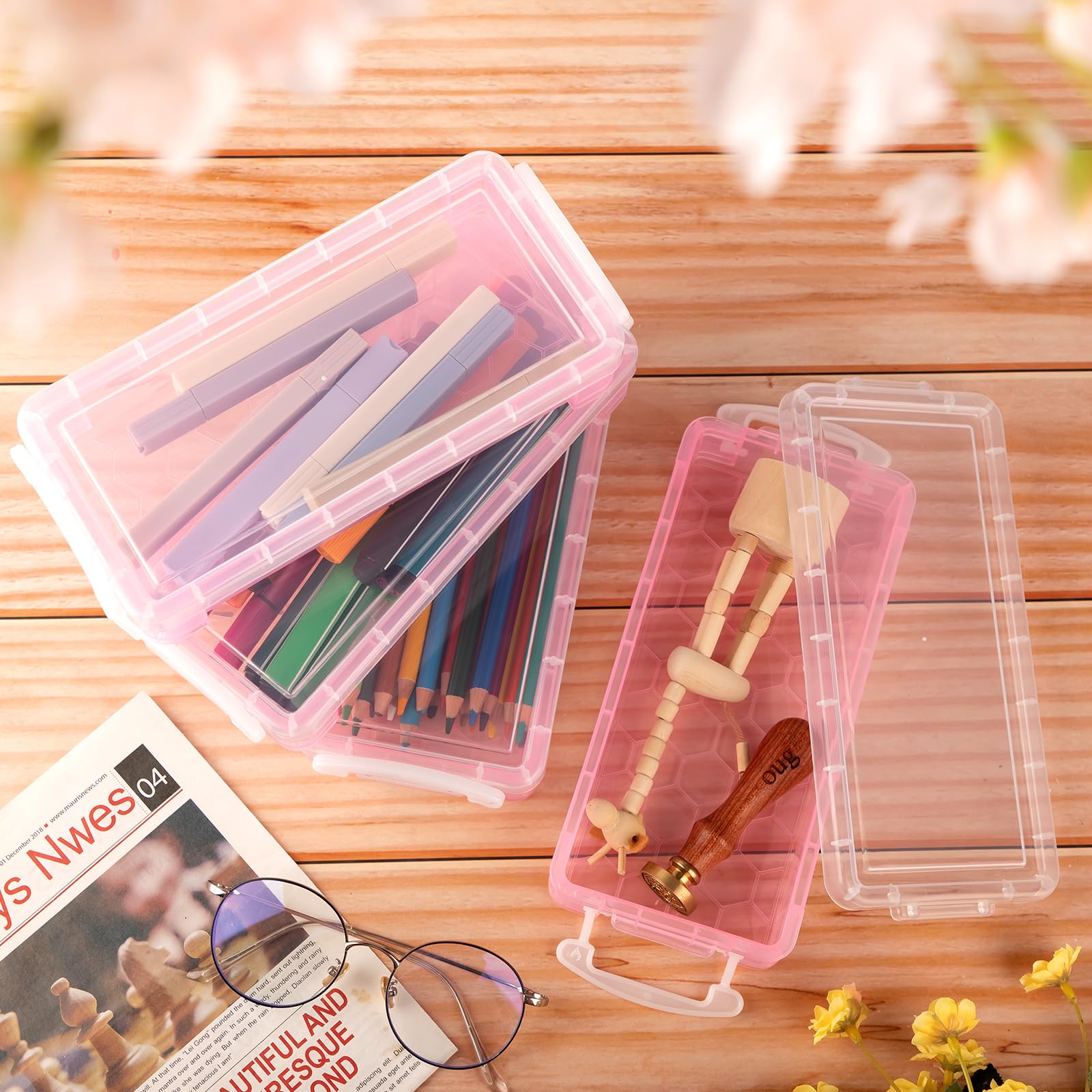 Gueevin 24 Pcs Pencil Box Clear Plastic Pencil Case, Light Pink
