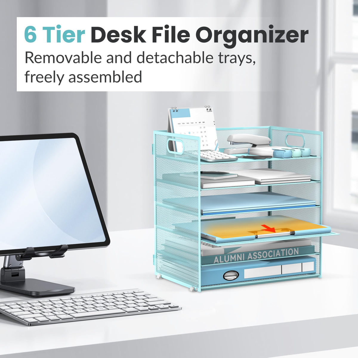 Daltack 6-Tier Paper Organizer for Desk with Handle, Blue