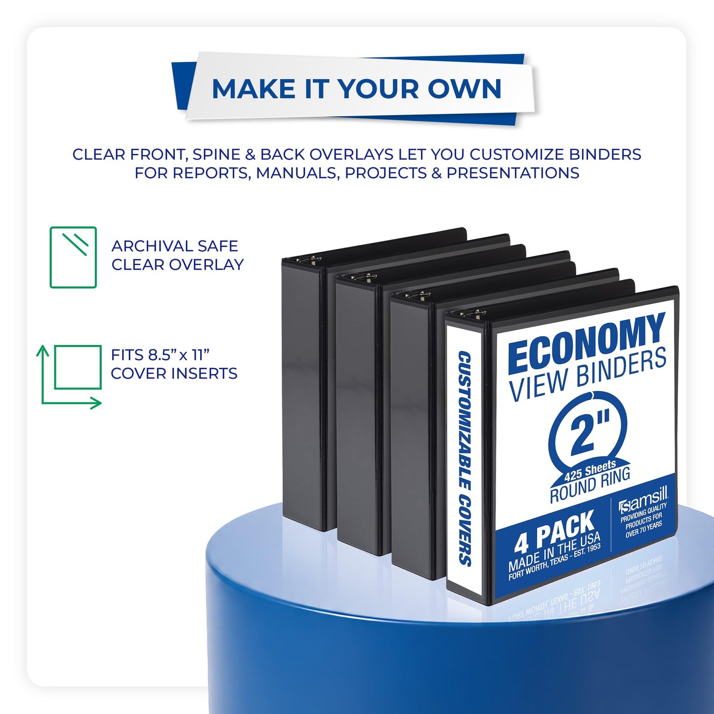 Samsill 2 Inch 3 Ring Binders, Economy Round Ring, Clear View Cover, 425 Sheet Capacity - for