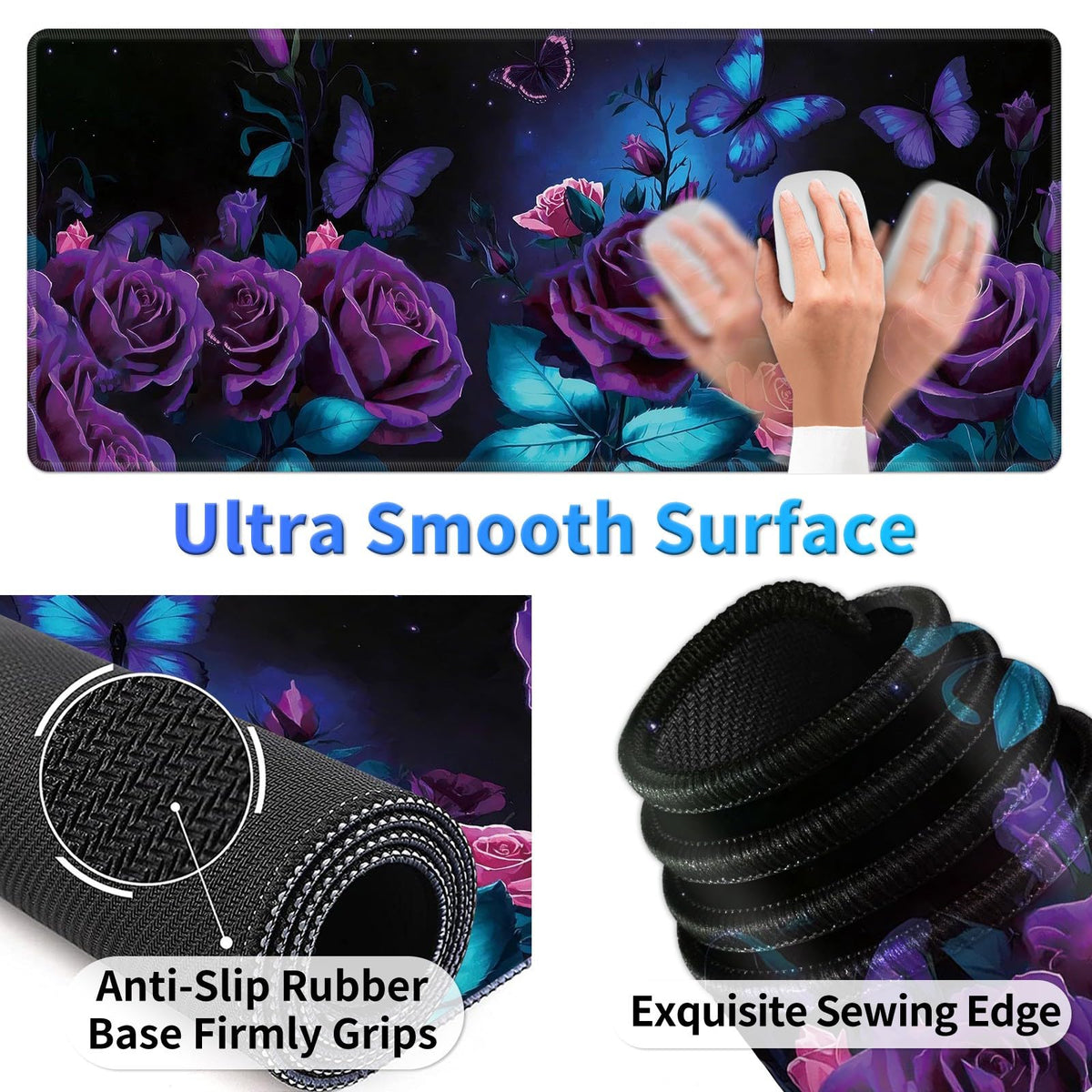 Large Gaming Mouse Pad 27.5 x 11.8 inch & Small Wrist Rests with Coasters and Purple Rose and Blue