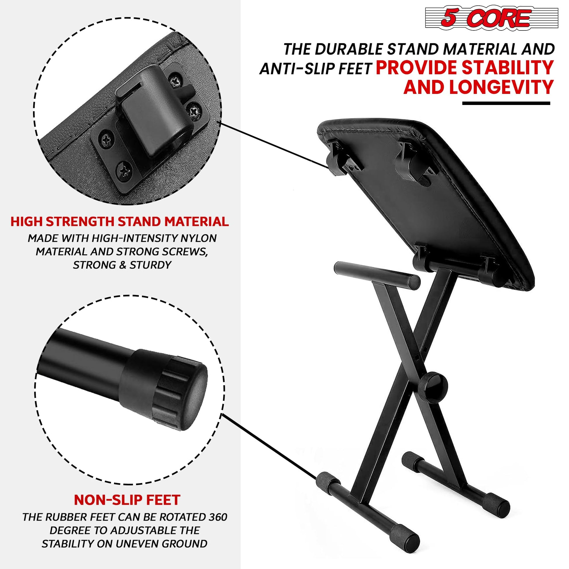 5 CORE Keyboard Bench X Style Padded Cushion Height Adjustable Piano Stool Seat Portable Keyboard