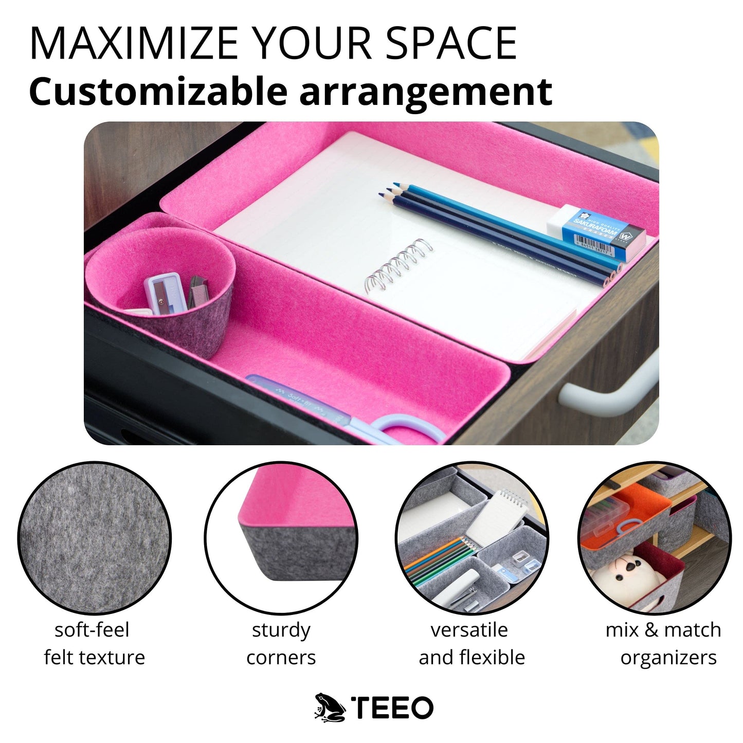 Teeo - Desktop Storage Drawers - Makeup Organizer Drawers - Office Drawer Organizer Tray - Pink