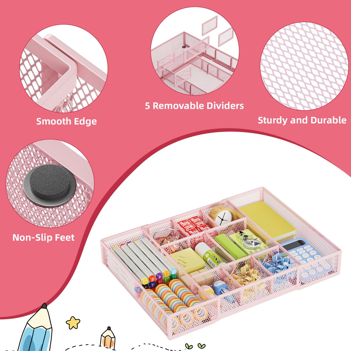 Marbrasse Expandable Desk Drawer Organizer, Mesh Tray with 10 Adjustable Compartments, Desk