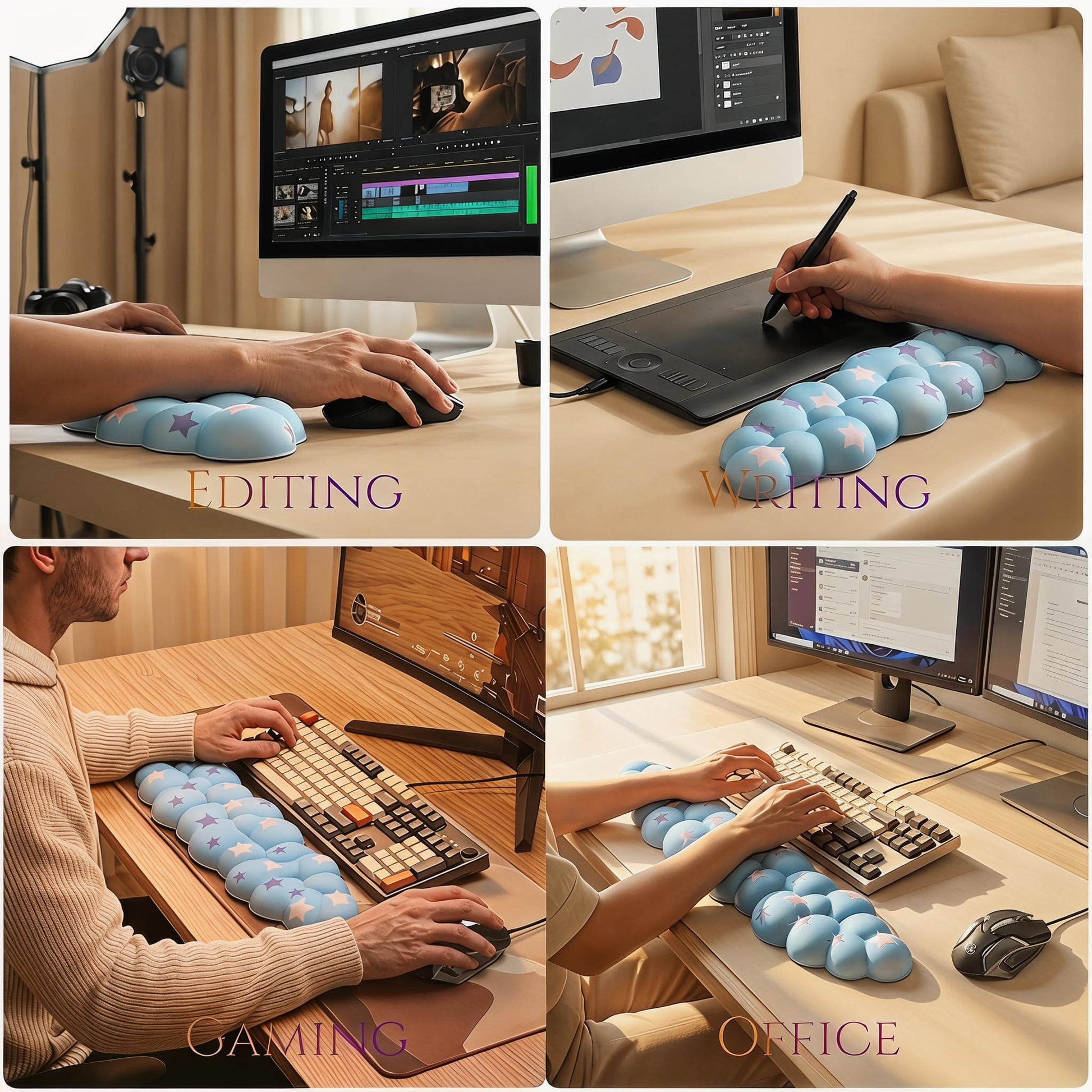 LJYZMD Cloud Wrist Rest Set for Keyboard & Mouse, 16.9", Blue Colorful Star