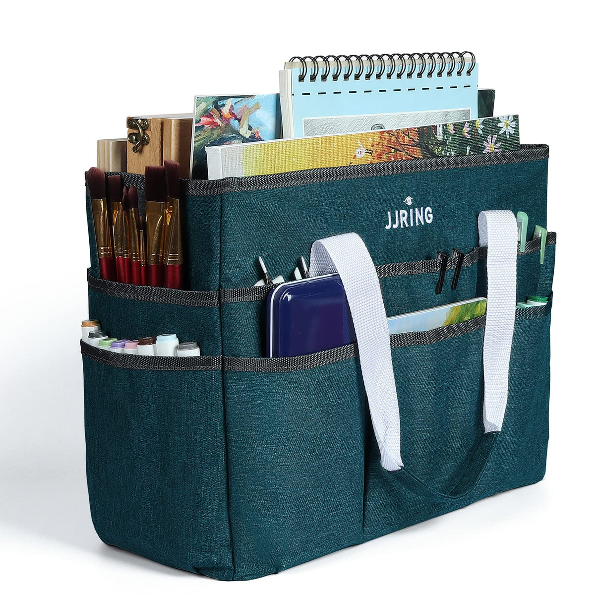 JJRING Craft Organizer Tote Bag Large Art Storage Caddy Bluish Green