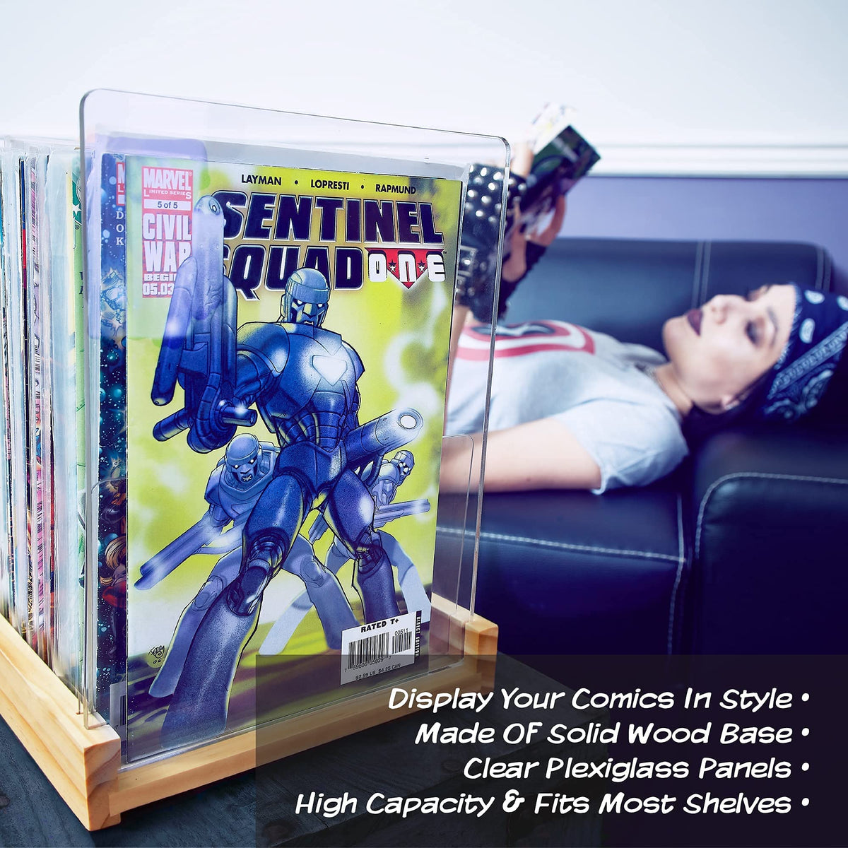 Komiq Patented Comic Book Storage Holder – Wooden & Acrylic Display Box/Case for Collectors
