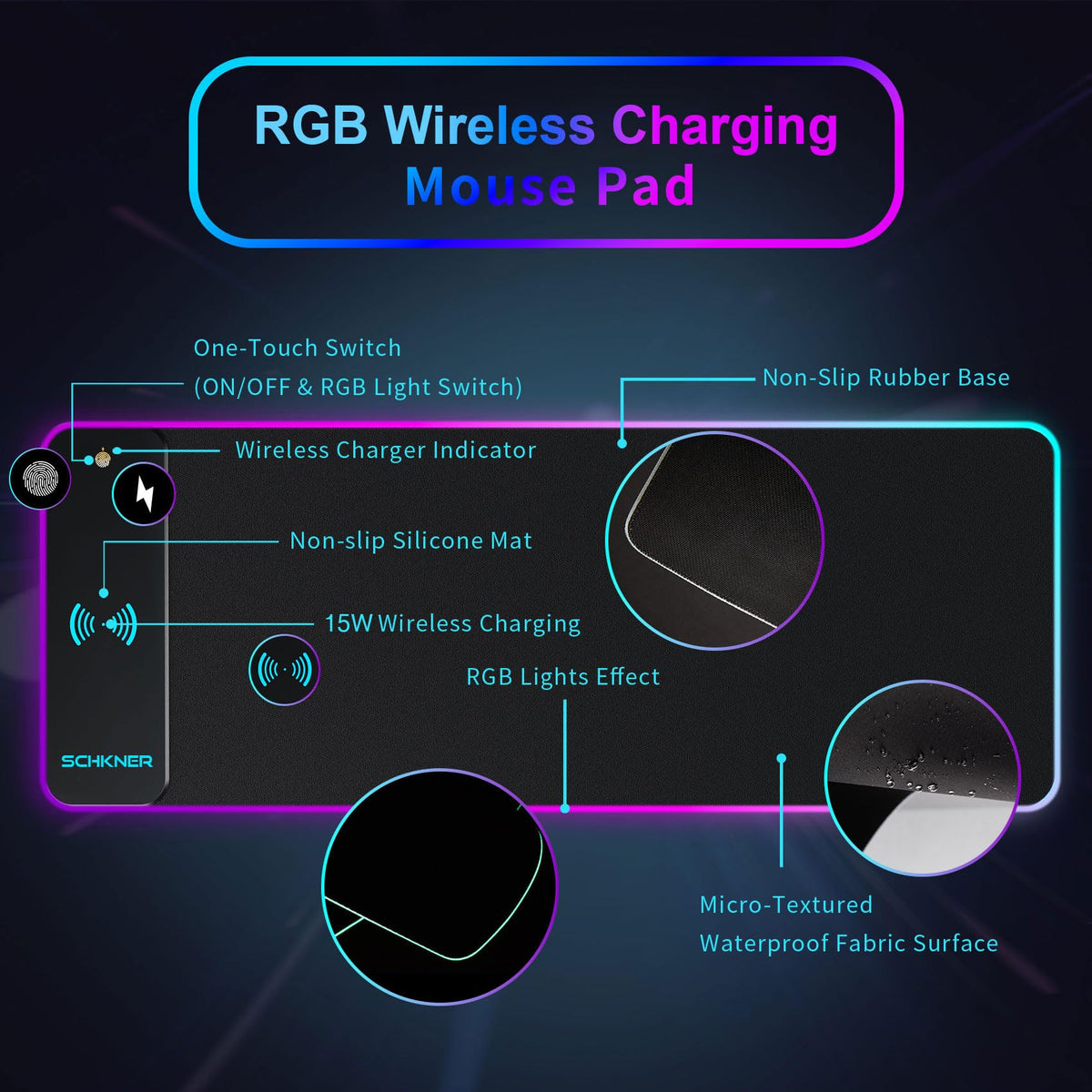 Schkner RGB Gaming Mouse Pad with Wireless Charging 15W, Large Desk Mat 800x300x4mm, 10 Light Modes