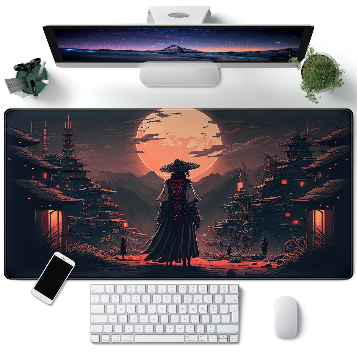 Japanese Landscape Desk Mat Post Moonlight Samurai Mouse Pad Large Dark Aesthetic Desk Pad Gaming