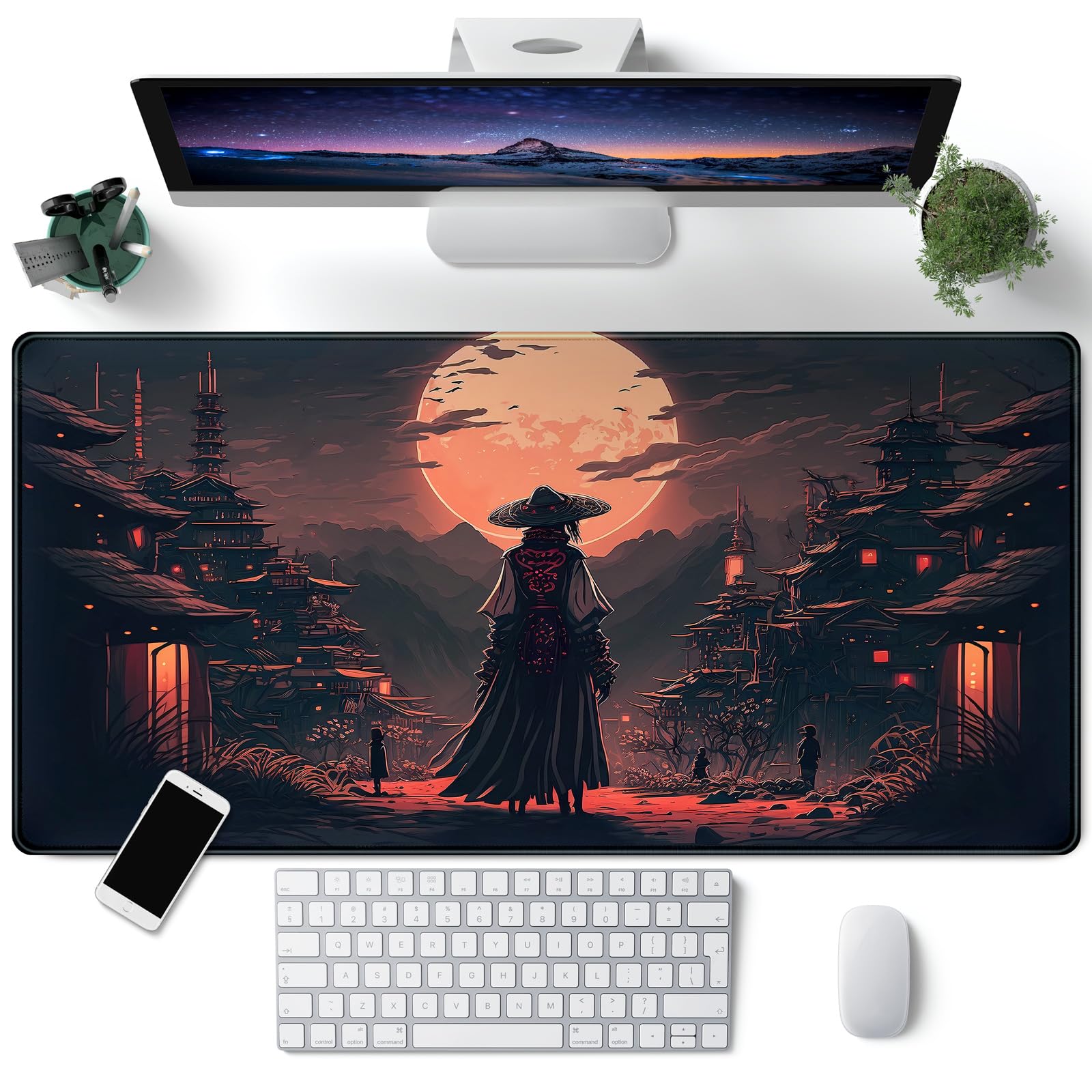 Japanese Landscape Desk Mat Post Moonlight Samurai Mouse Pad Large Dark Aesthetic Desk Pad Gaming