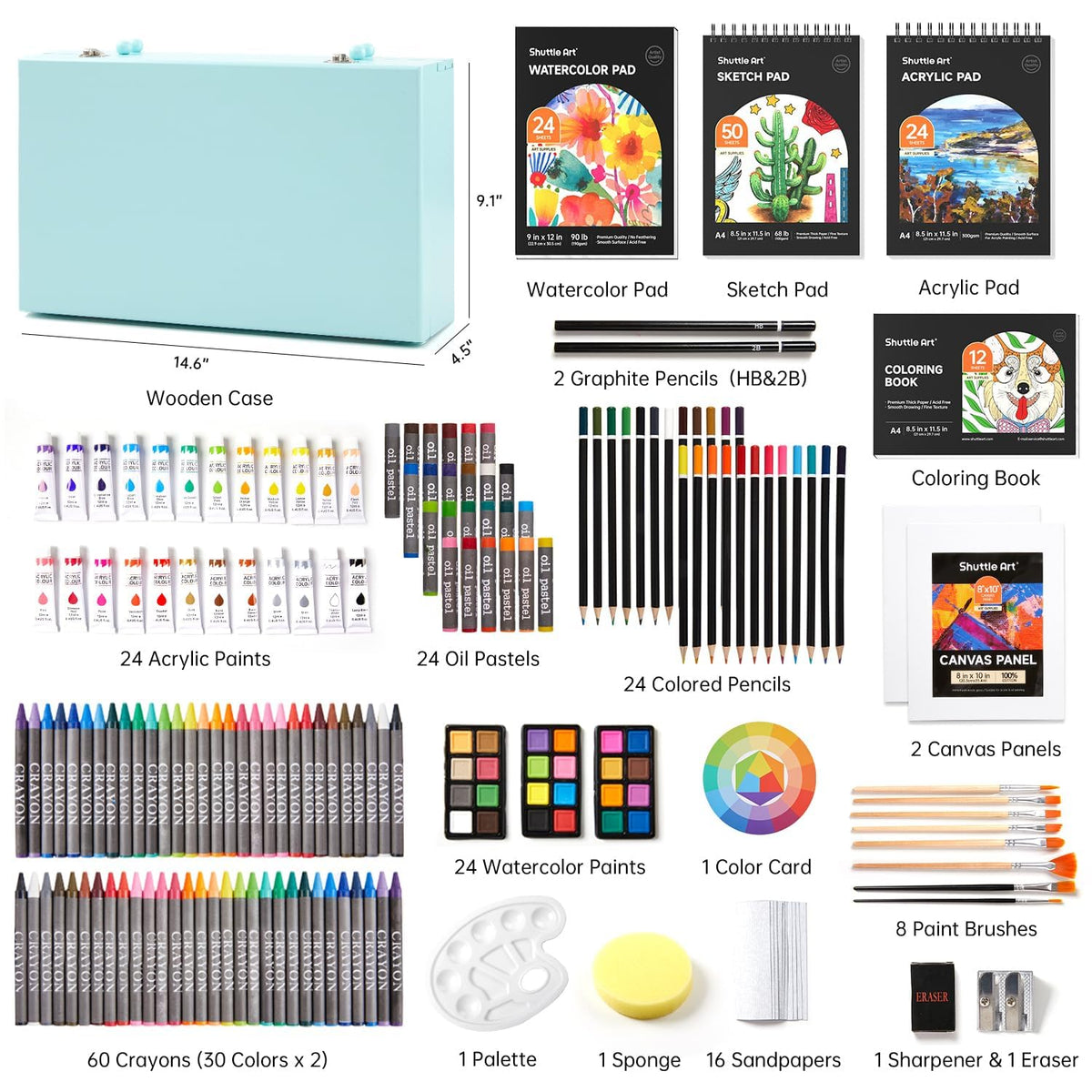 Shuttle Art Deluxe Gift Art Kit, 202-Piece Wooden Art Supplies Set with 4 Drawing Pads, Canvases