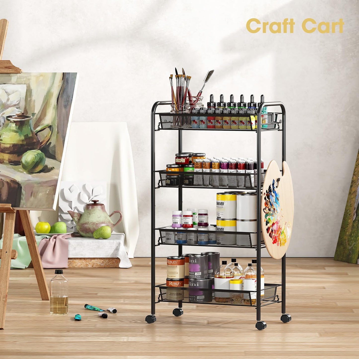 TOOLF 4-Tier Rolling Cart, Metal Utility Cart with 3 Hooks, Easy Assemble Mobile Storage Trolley On
