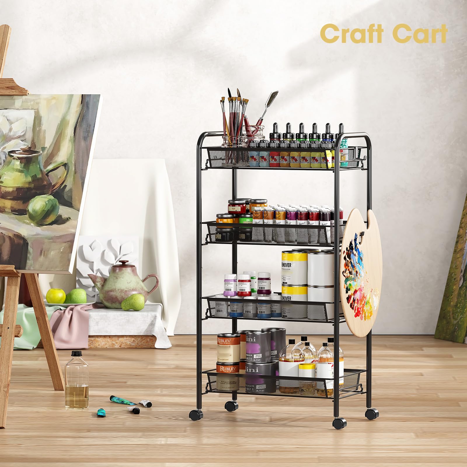 TOOLF 4-Tier Rolling Cart, Metal Utility Cart with 3 Hooks, Easy Assemble Mobile Storage Trolley On