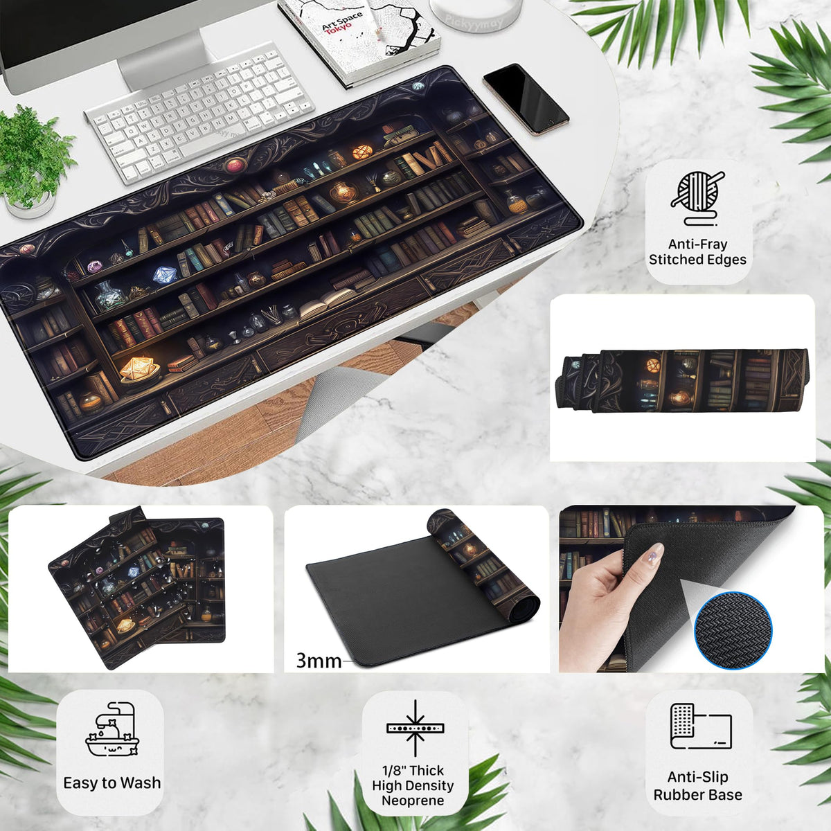 Gaming Desk Mat Large Mouse Pad, Magical Bookshelf Desk Pad Extended Mouse Mat XXL, Keyboard Pad